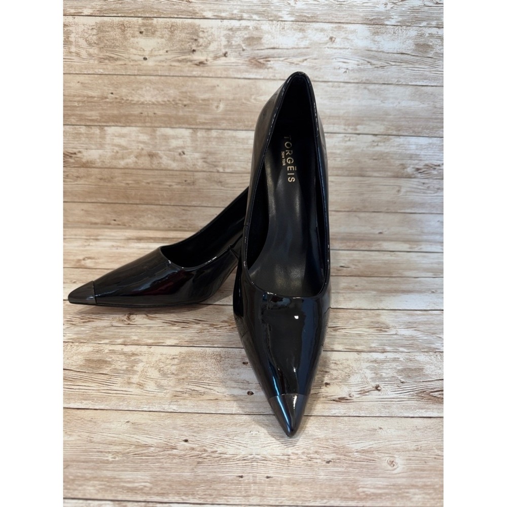 Torgeis Ivonne Black Patent Metallic Cap Pointed Toe Block Heel Pumps Womens 7.5